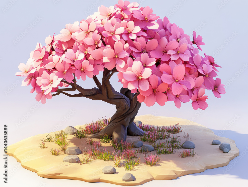 Beautifully stylized cherry blossom tree with vibrant pink flowers stands on small patch of sandy ground, surrounded by scattered rocks and tufts of grass