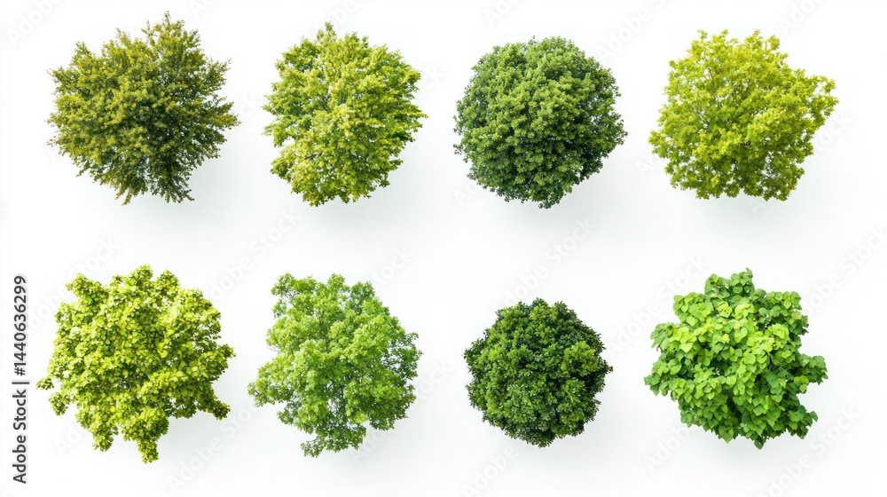 Obraz premium Set of green forest canopies with sunlight peeking through the leaves, top view on white background.