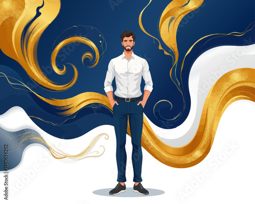 a man in a white shirt and black pants standing in front of a blue background with gold swirls