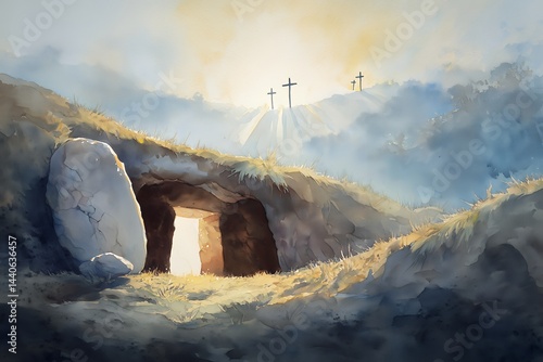A watercolor painting of an empty tomb with a large stone rolled away, revealing a bright light emanating from within, with three crosses silhouetted on a hill in the background, concept for Easter