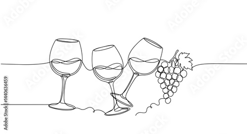 Elegant Line Art of Wine Glasses with Grapes  