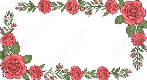 Romantic rose border design. Perfect for invitations, cards, or social media posts. Soft pink roses and green leaves create a lovely frame.