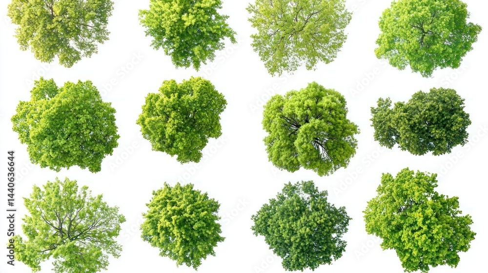 Set of green forest canopies with sunlight peeking through the leaves, top view on white background. Set of green forest canopies with sunlight peeking through the leaves, top view on white background.