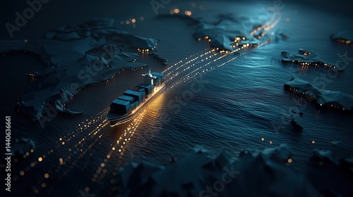 Luminous Container Ship Traversing Low-Poly Ocean Strip and Worl
