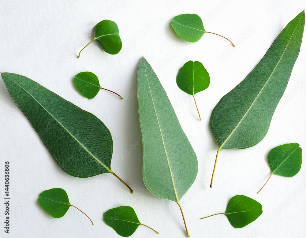 Fototapeta premium green leaves eucalyptus on white background flat lay top view