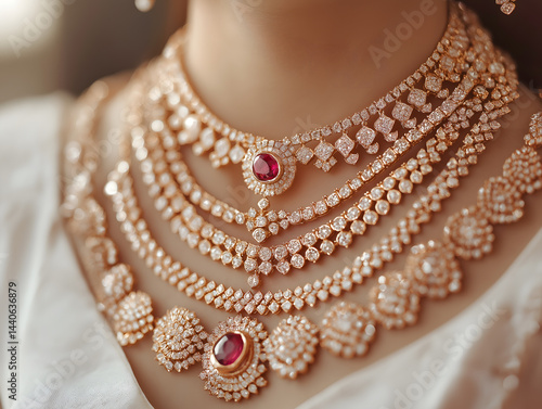 A woman adorned with opulent diamond necklaces