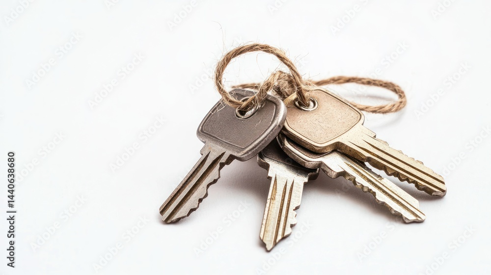 Set of house keys tied with rustic twine on white background. Set of house keys tied with rustic twine on white background.