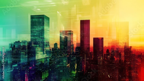 Vibrant city skyline at sunset, digital art.