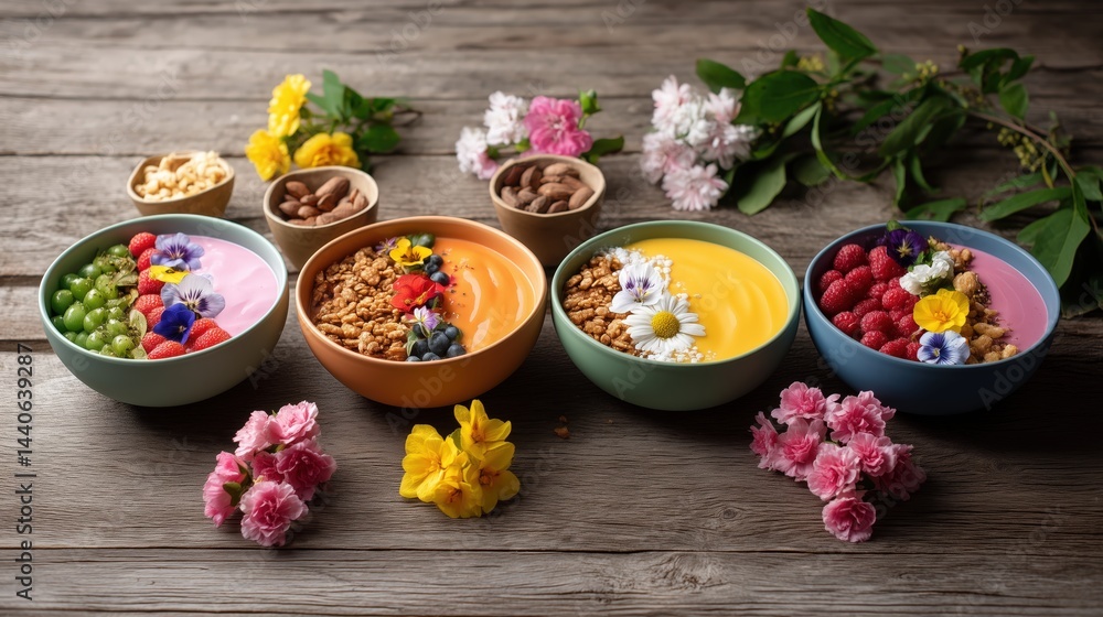 Colorful smoothie bowls display rustic table food photography vibrant setting aesthetic view healthy eating concept Colorful smoothie bowls display rustic table food photography vibrant setting aesthetic view healthy eating concept