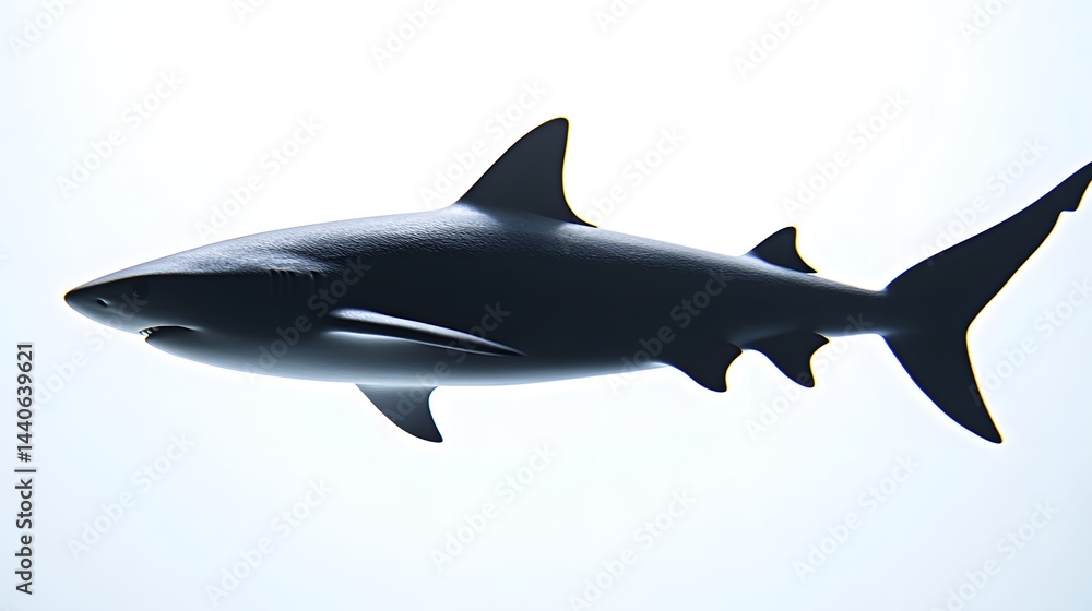 Obraz premium Silhouette of a shark swimming against a bright white background. The shark is in sharp focus, and its details are clearly visible. The image has a clean and modern aesthetic.