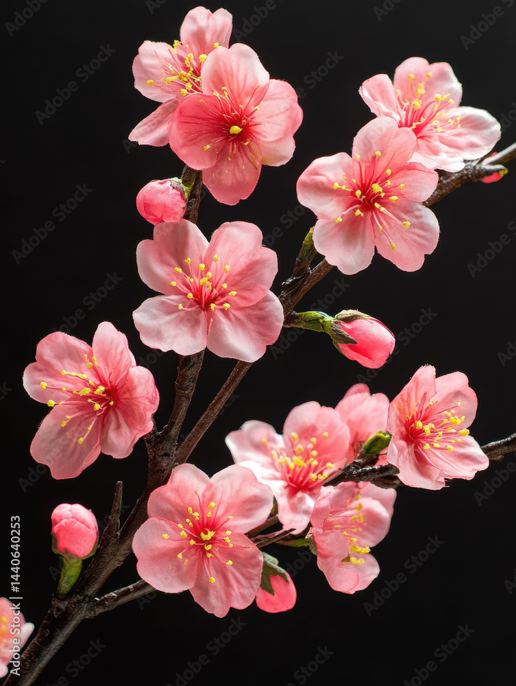 Pink cherry blossoms on dark background, showcasing delicate petals and vibrant colors, evoke sense of tranquility and beauty. close up view highlights intricate details of flowers