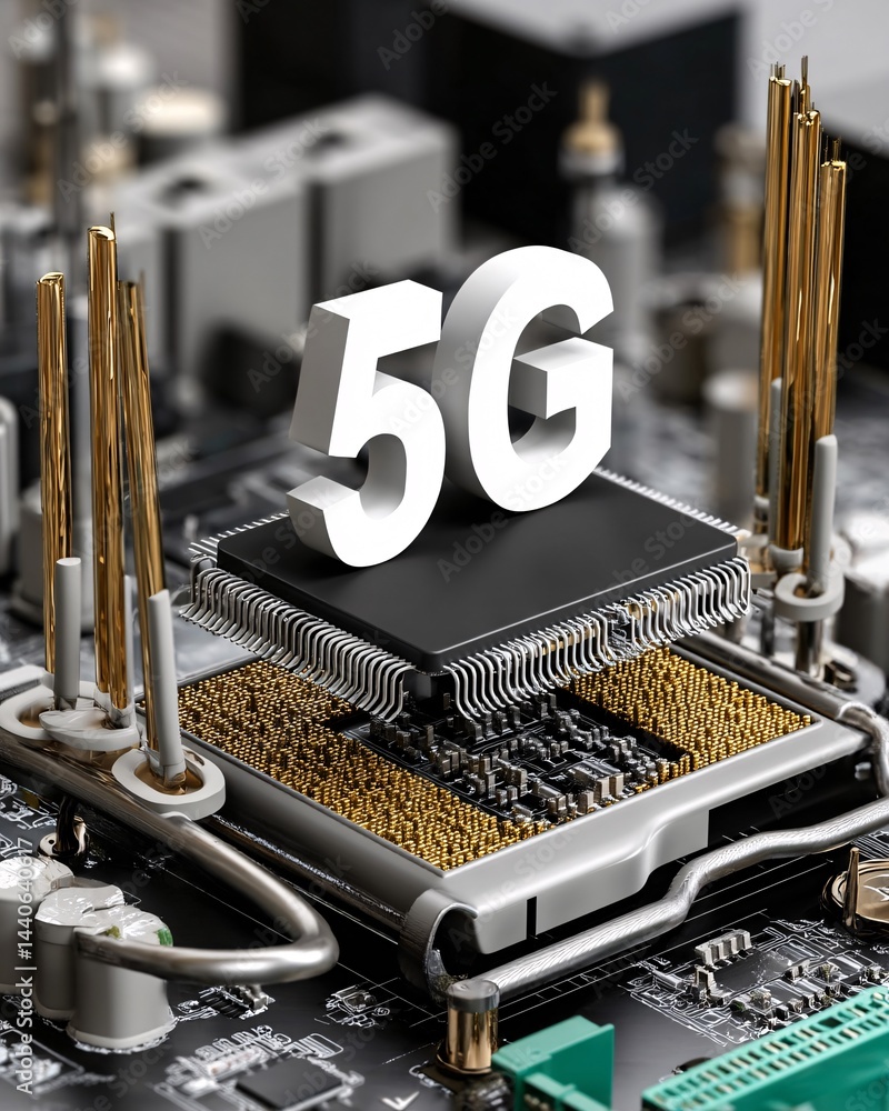 5G Technology Innovations With Circuit Board and Microchip Featuring Golden Pins and Components