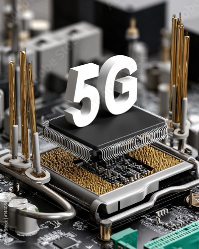 Obraz na płótnie 5G Technology Innovations With Circuit Board and Microchip Featuring Golden Pins and Components w salonie