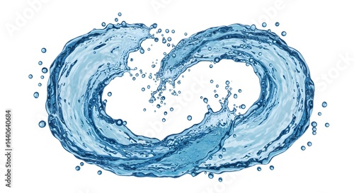 Dynamic swirling water creating a captivating infinity symbol against a bright white backdrop.  The cool blue hues and splashing droplets add a sense of energy and freshness.