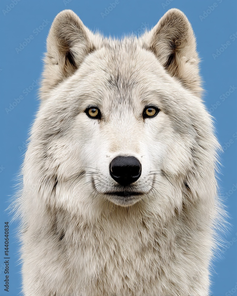 Close-up Portrait of Majestic White Wolf with Intense Eyes Against a Solid Blue Background