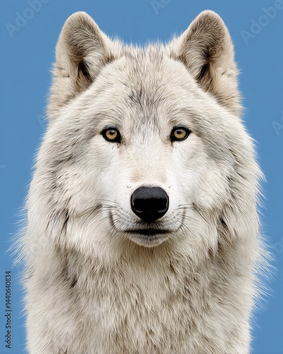 Obraz na płótnie Close-up Portrait of Majestic White Wolf with Intense Eyes Against a Solid Blue Background w salonie