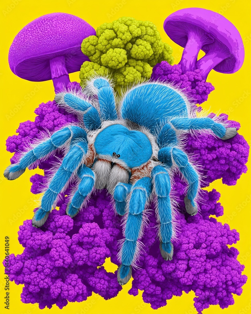 Vibrant Blue Tarantula Surrounded by Colorful Mushrooms and Cauliflower against Yellow Background