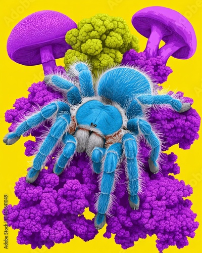 Obraz na płótnie Vibrant Blue Tarantula Surrounded by Colorful Mushrooms and Cauliflower against Yellow Background w salonie