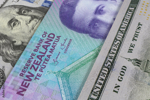 New Zealand Dollar and US Dollar Banknotes. Cash. Financial Concept