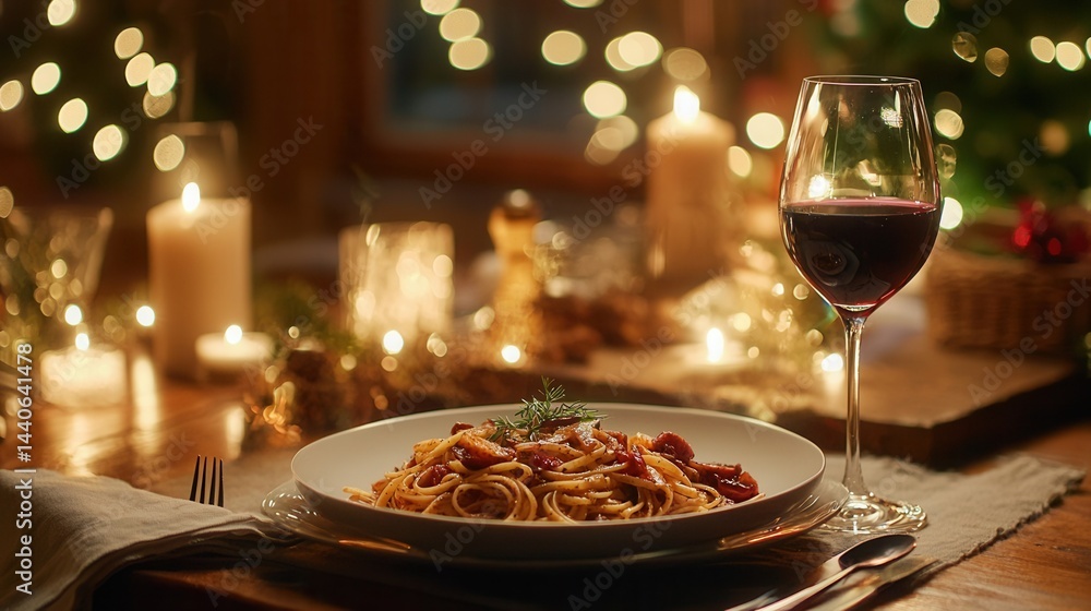 Italian pasta dish with wine, romantic dinner setup, cozy lighting, rustic charm 