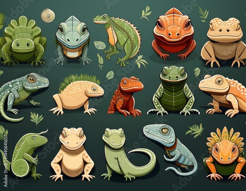 stylized illustrations of various reptiles and amphibians in a minimalist design showcasing unique features and forms