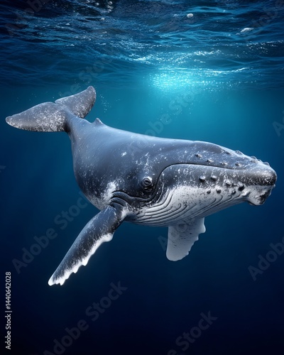 Majestic Humpback Whale Swimming Gracefully Underwater in Clear Blue Ocean Waters