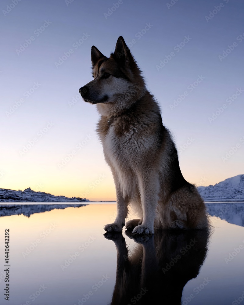 Majestic Dog Silhouette Against Serene Landscape During Sunset over Calm Water Reflection