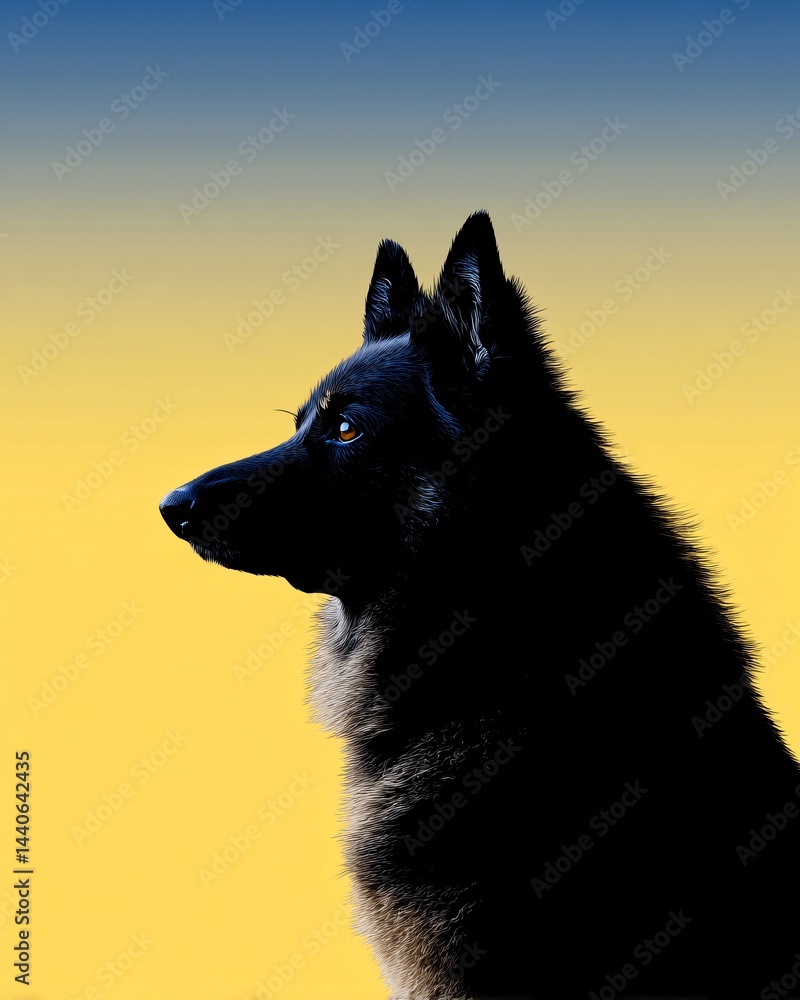Majestic Black Dog Silhouetted Against Vibrant Yellow and Blue Gradient Background