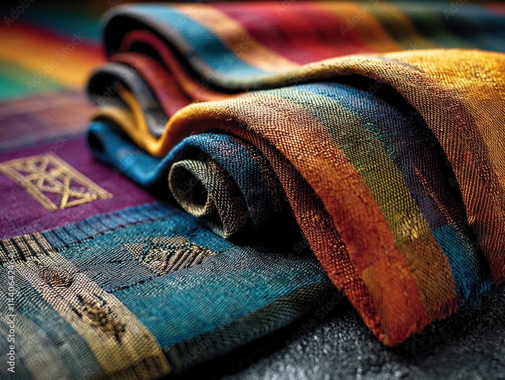 Vibrant Woven Textiles. Colorful, textured fabrics layered. Artisan craftsmanship.