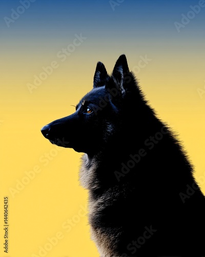 Obraz na płótnie Majestic Black Dog Silhouetted Against Vibrant Yellow and Blue Gradient Background w salonie