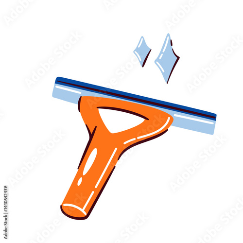 Cartoon doodle style window squeegee with bright orange handle and shiny clean effect. Vector illustration of window squeegee in modern sticker style for cleaning, housework, or hygiene design.
