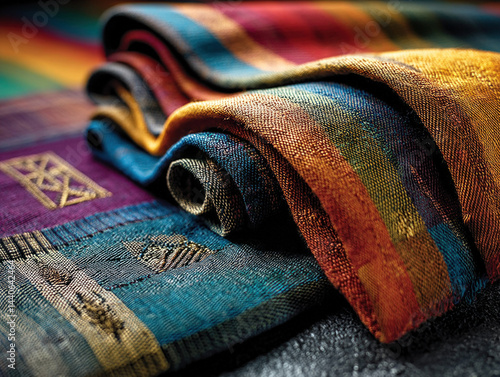 Obraz na płótnie Vibrant Woven Textiles. Colorful, textured fabrics layered. Artisan craftsmanship. w salonie