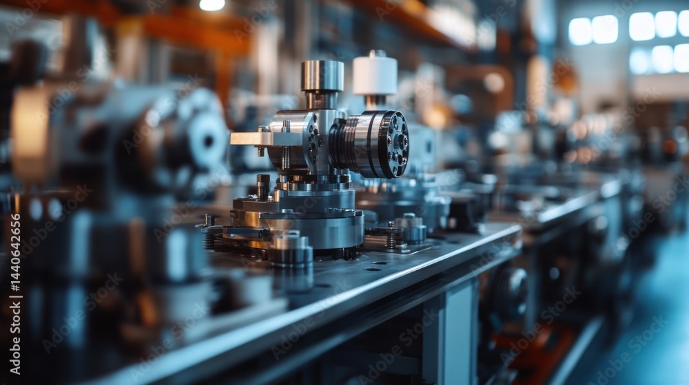 Metal machinery parts on a production line in a factory or industrial setting. Metal machinery parts on a production line in a factory or industrial setting.