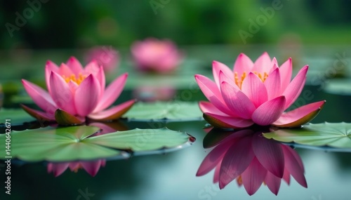 Intricate floral pattern of blooming lotus flowers mirrored in a still lake , nature, color