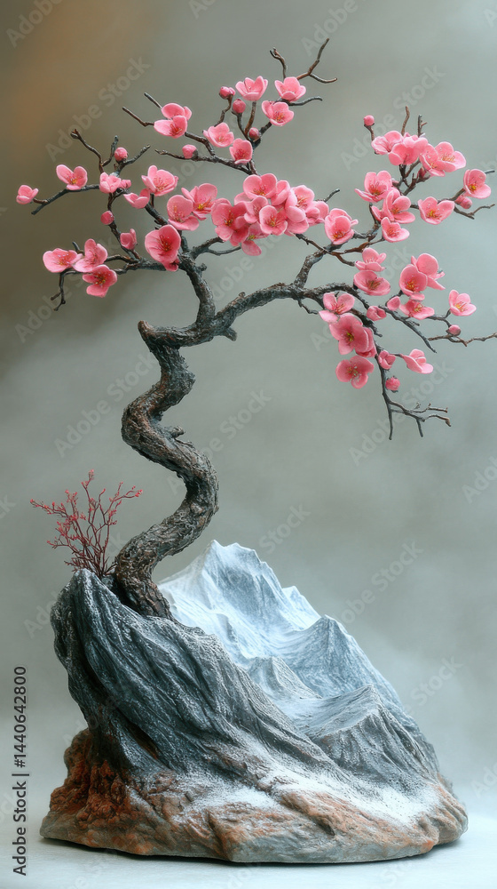 Delicate bonsai tree with vibrant pink blossoms stands gracefully on rocky base, evoking sense of tranquility and natural beauty. twisted trunk adds artistic touch