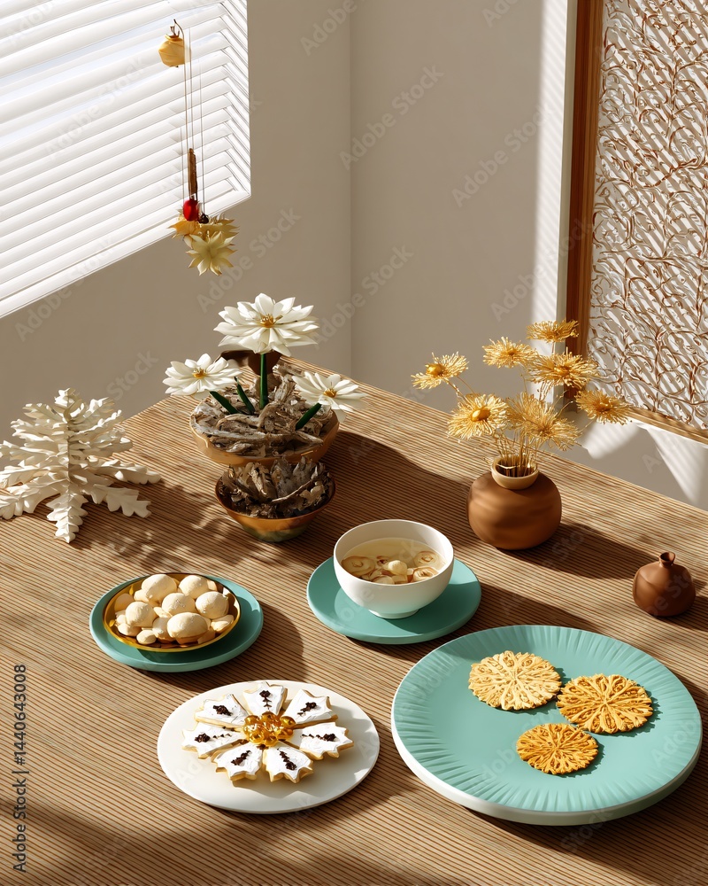 Cozy Arrangement of Decorative Edible Treats and Flowers on Wooden Table in Natural Light