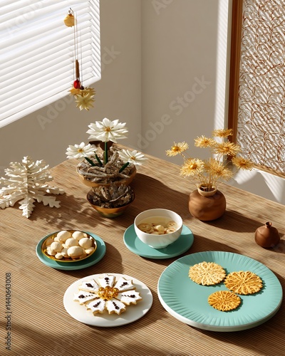 Obraz na płótnie Cozy Arrangement of Decorative Edible Treats and Flowers on Wooden Table in Natural Light w salonie