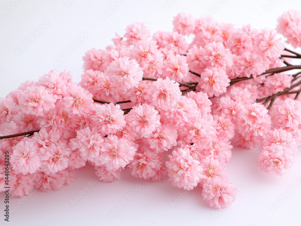 Delicate pink cherry blossoms are arranged beautifully against white background, showcasing their vibrant color and intricate petals. soft lighting enhances their natural beauty