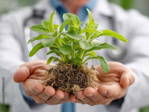 Obraz na płótnie Doctor holds a young mint plant. Growth and care. w salonie