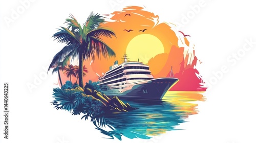 Tropical Sunset Cruise Ship Illustration