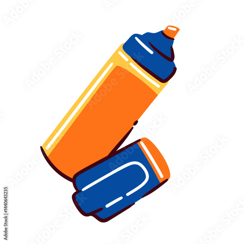Cartoon marker art tool drawn in doodle style with cap for bold lines, coloring, and creative projects. Vector illustration of cartoon marker sticker for artists and students.