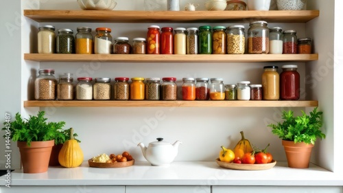 Wallpaper Mural organized kitchen pantry with jars of grains, spices and preserved foods on wooden shelves. fresh vegetables and herbs. concept of home organization, sustainable living. kitchen decoration, culinary Torontodigital.ca