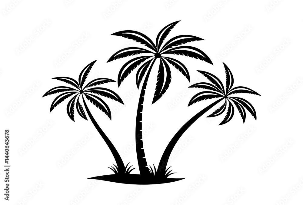 Illustration of three black palm trees with detailed fronds on a small island Illustration of three black palm trees with detailed fronds on a small island