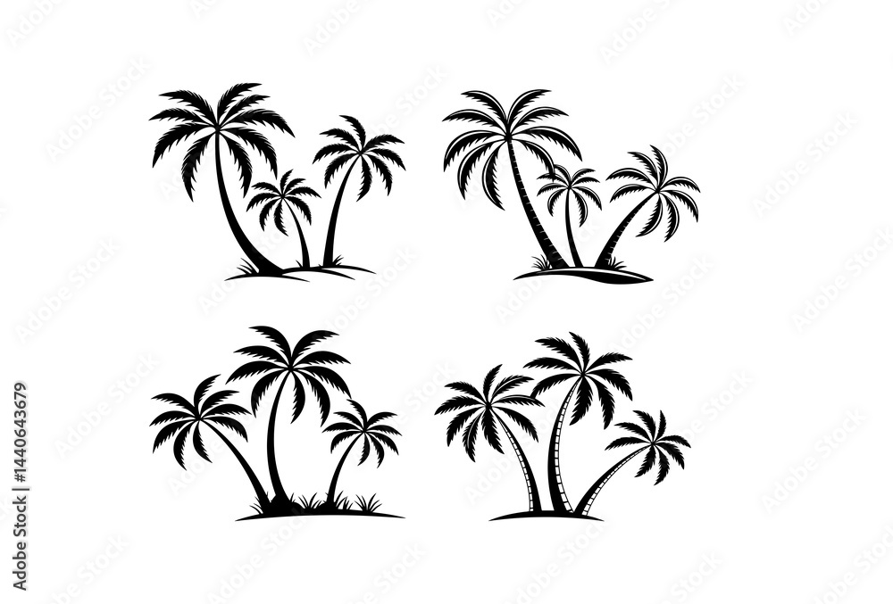 Fototapeta premium Collection of four black silhouette palm tree clusters on small land areas design
