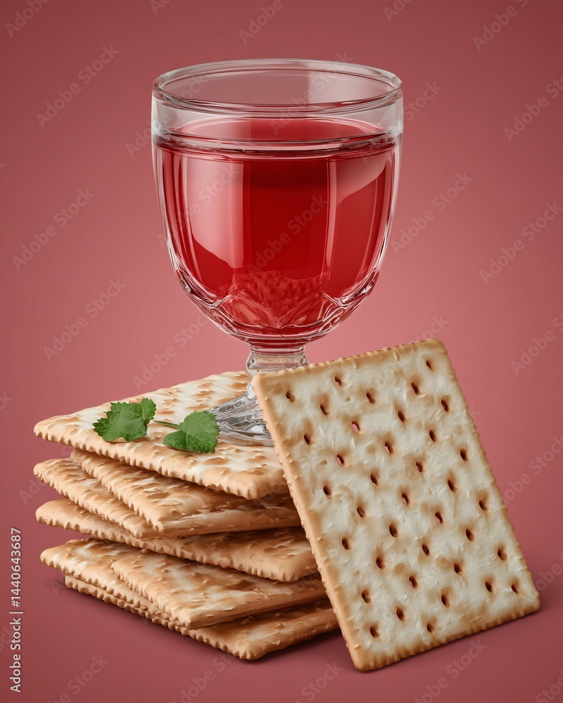 Glass of Red Drink on a Stack of Crisp Crackers Against a Soft Pink Background