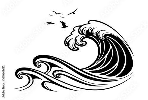 Stylized black and white illustration of ocean waves with flying birds above them