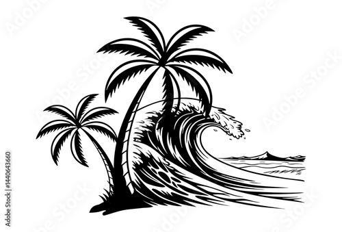 Illustration of a tropical beach scene with palm trees and a large ocean wave