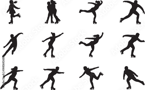 Silhouette Collection of Ice Skaters in Various Poses for Winter Sports, Activity, and Fitness Designs