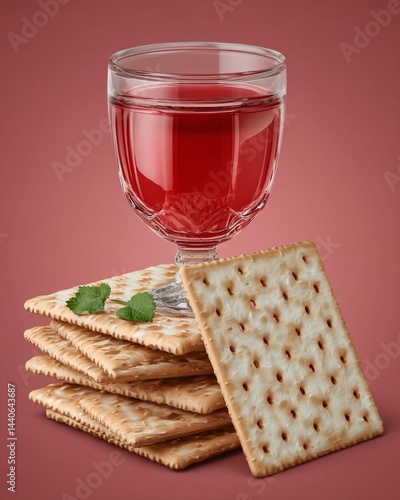 Obraz na płótnie Glass of Red Drink on a Stack of Crisp Crackers Against a Soft Pink Background w salonie