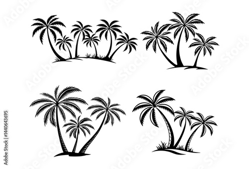 Silhouette illustration of four groups of palm trees on small land areas